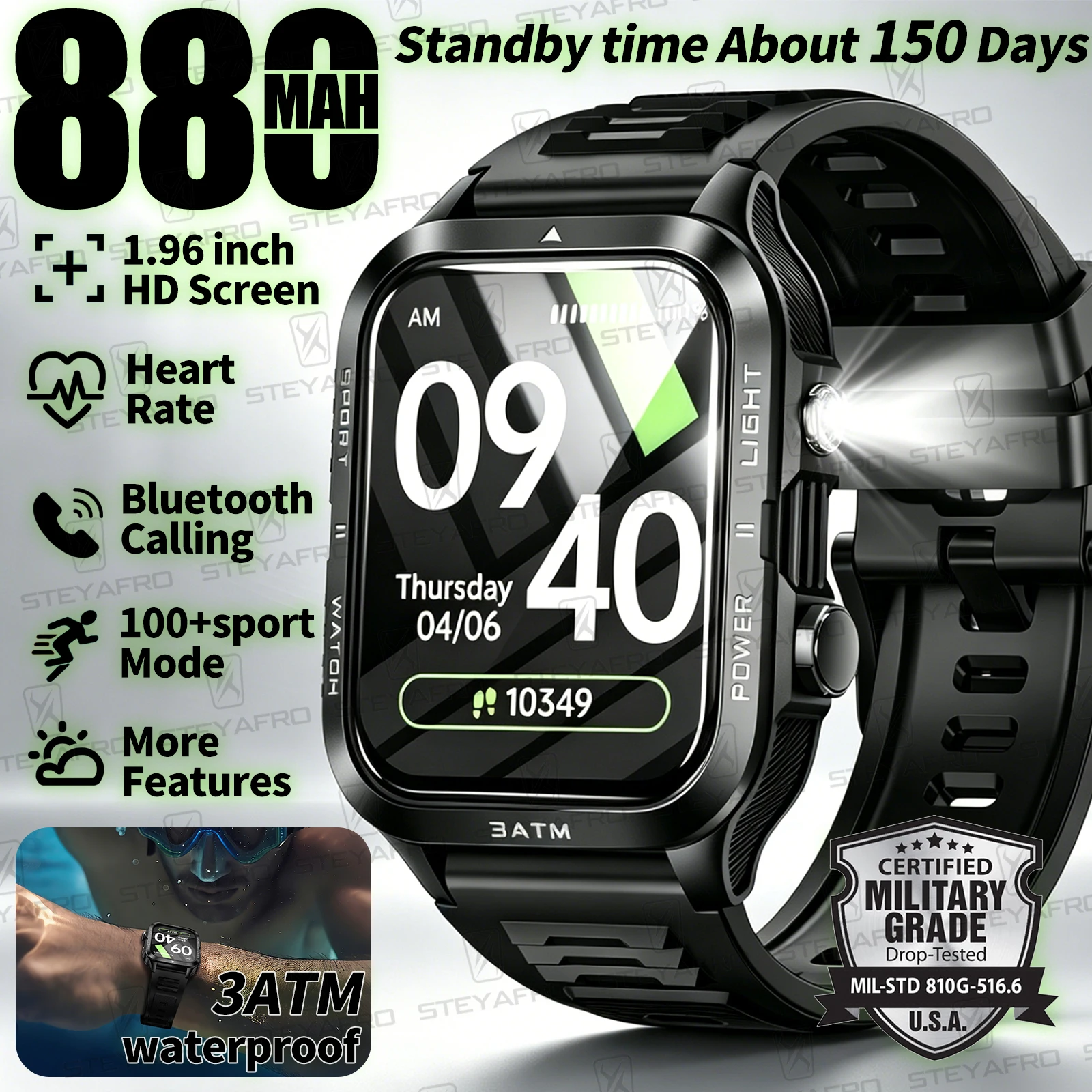 Smartwatch Military Watches For Men - Military Grade SmartWatch Men LED Flashlight